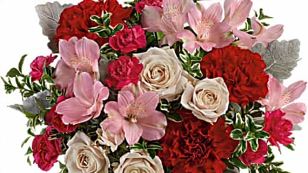 Teleflora'S Painted In Love Bouquet · New. Let there be no doubt how loved they are! Paint them in love this Valentine's Day with this sweet pink and red bouquet, lovingly arranged in this hand-painted ceramic vase with 
