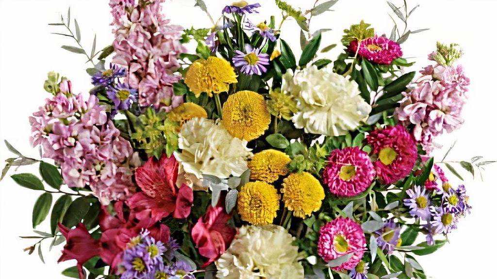 Goodness And Light Bouquet · Favorite. Add a healthy dose of goodness and light to someone's day with this colorful bouquet! Its bountiful blend of alstroemeria, stock and asters in cheerful shades of pink, yellow and lavender is sure to make them smile. This beautiful bouquet includes red alstroemeria, light yellow carnations, pink stock, hot pink Matsumoto asters, large lavender monte cassino asters, yellow button spray chrysanthemums, bupleurum, huckleberry, and parvifolia eucalyptus. Delivered in a clear cylinder vase.