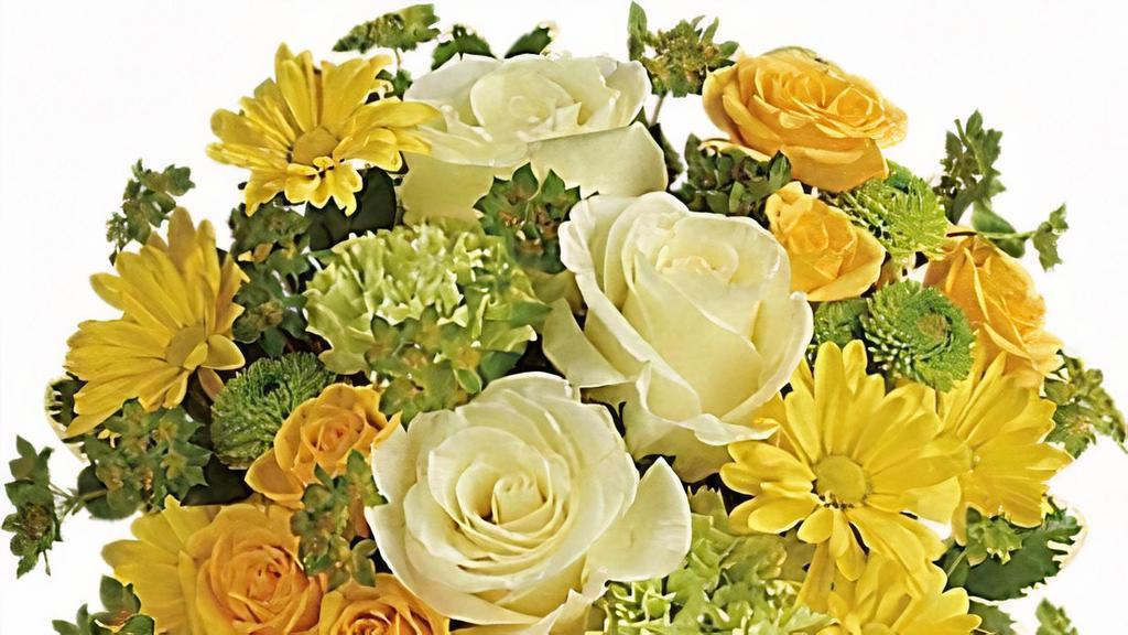 Teleflora'S You Make Me Smile Bouquet · Favorite. Put a smile on their face - and in their heart - with this happy as can be bouquet! Hand-delivered in a food-safe mug for years of satisfied sipping, this cheerful gift of roses and mums spreads happiness wherever it goes. This cheerful bouquet includes light yellow roses, yellow spray roses, green carnations, green button spray chrysanthemums, yellow daisy spray chrysanthemums, bupleurum, and variegated pittosporum. Delivered in a Be Happy mug.