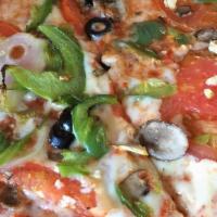 Vegetarian · Tomatoes, Mushrooms, Onions, Green Peppers, Black Olives, and Garlic.
