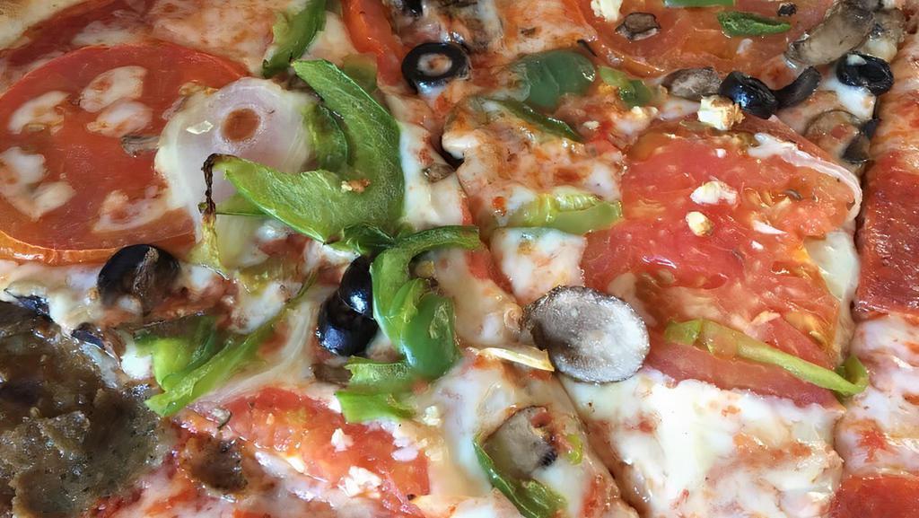 Vegetarian · Tomatoes, Mushrooms, Onions, Green Peppers, Black Olives, and Garlic.