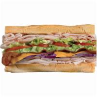 Cali Club (Large) · Turkey, bacon, avocado, Cheddar, lettuce, tomatoes, red onions and mayo.