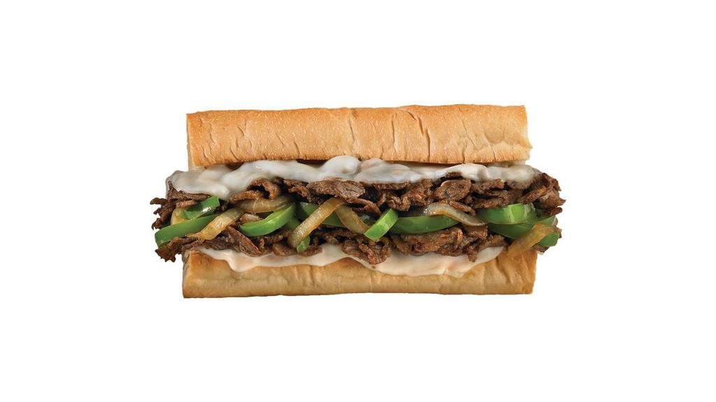 Philly Cheesesteak (Large) · Sirloin Steak, Provolone, Caramelized Onions & Sautéed Bell Peppers.
