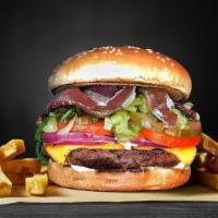Bacon Cheeseburger Combo · Bacon, lettuce, tomato, onion, pickle, and Thousand Islands on a Brioche hamburger bun. Serv...