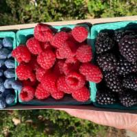 Mixed Berries · 3 baskets of bush berries. Includes 1 raspberry, 1 blackberry, and 1 blueberry.