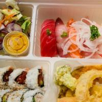 Special Bento(B) · Sushi (6pcs)
Spicy Tuna (4pcs)
Cali roll (4pcs)
Beef gyoza (4pcs)
Shrimp(1pcs)
Miso soup
Salad
