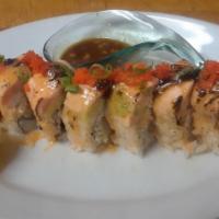 Lucky 7 · (Spicy tuna, crab mix, DF shrimp). Avo, seared salmon, masago.