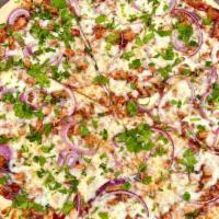 Bbq Chicken Pizza - Lg · BBQ chicken breast, chopped red onions and Mozzarella cheese topped with sprinkled cilantro.