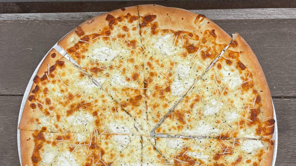 White Pizza - Lg · Ricotta cheese, provolone cheese, mozzarella cheese, parmesan cheese and oregano. No sauce! Try with fresh spinach.