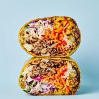 Vegan Mushroom Burrito · 36 hour marinaded oyster mushroom seared, a medley of pickled daikon, carrot, cucumber, ferm...