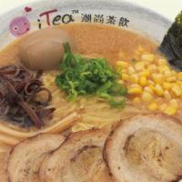 Y28 Miso Ramen 日式味噌拉面 · Miso Soup Base, Topping with BBQ Pork, Fish Cake, Bamboo Shoot, Corn, Egg, Agaric, Green Oni...
