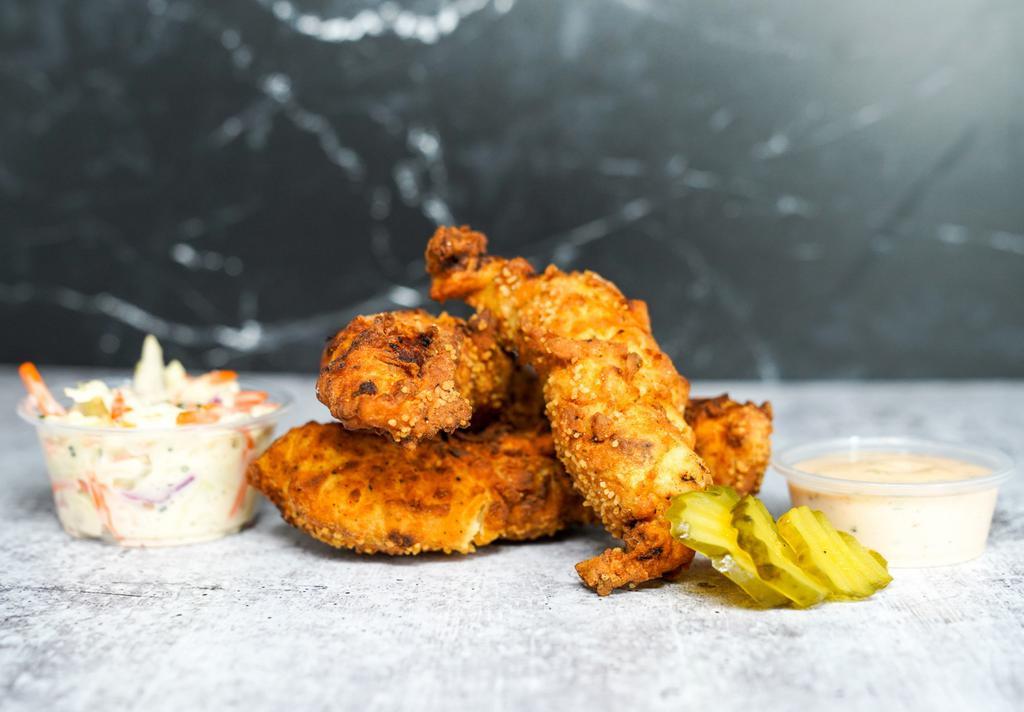 3 Jumbo Tender Combo · 3 of our famous jumbo, buttermilk herb marinated, hand-breaded chicken tenders. Served with French Fries, Coleslaw, and choice of Dipping Sauce.