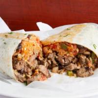 Burrito De Asada  · Mexican rice, pinto beans, pico de gallo and salsa.