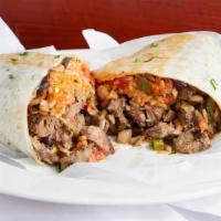 Burrito De Carnitas  · Mexican rice, pinto beans, pico de gallo and salsa.