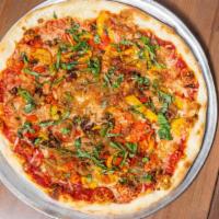 Uptown Veggie Pizza · Spicy. Fire roasted red peppers, sweet onions, roasted garlic, chipotle pepper spiked tomato...