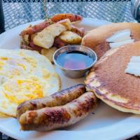 2+2+2 Breakfast · 2 Eggs Your Way, 2 Fluffy Pancakes, and Your Choice of 2 Chicken Apple Sausage Links or 2 Ba...