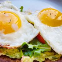 Avocado Toast W/ 2 Eggs · 1 Whole Wheat Toast Slice, Housemade guacamole, 2 Tomato slices, spring mix, and 2 eggs