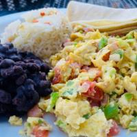 Huevos A La Mexicana · 3 Scrambled Eggs w Tomato, Onion, Jalapeno. Side of Rice and Black Beans, Sour Cream, and a ...
