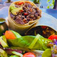 Carne Asada Burrito · Carne Asada, Rice, Beans, Bell Pepper, Pico de Gallo, Avocado, Red Salsa