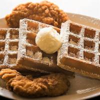 Chicken & Waffles · Three waffles, two pieces of chicken strips.