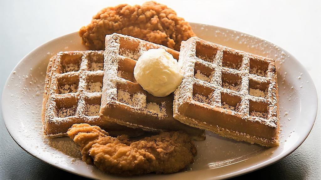 Chicken & Waffles · Three waffles, two pieces of chicken strips.