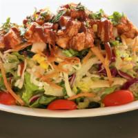 Bbq Chicken Salad · Bbq chicken, chopped romaine and iceberg, corn, black beans, cherry tomato, jicama, shredded...