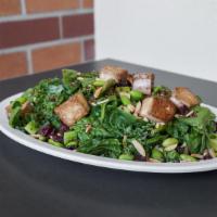 Kale, Seared Tofu & Quinoa Salad · Kale, baby spinach, seared tofu, quinoa, edamame, celery, slivered almonds, dried cranberrie...