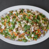 Korean Chicken Salad · Roast chicken, scallions, crunchy salad greens, edamame, shredded carrots, slivered almond, ...
