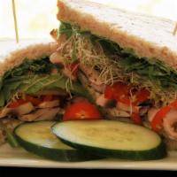 Vegan Sandwich · Roasted red pepper, mushroom, avocado, arugula, pesto veganaise.