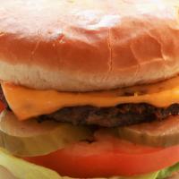 Junior Cheeseburger · Junior beef patty, American cheese, lettuce, tomato, pickles, central sauce, soft white bun.