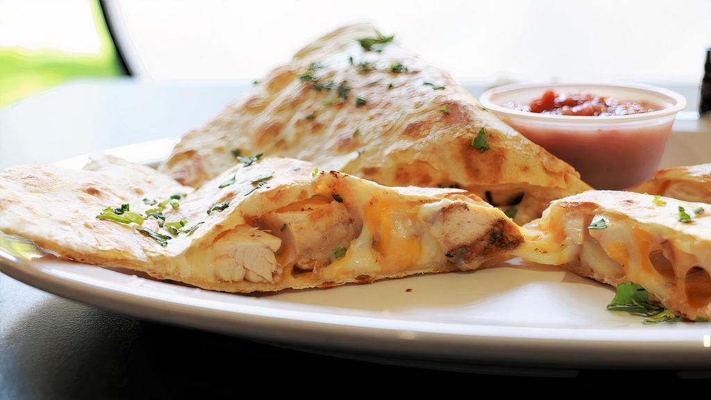 Chicken Quesadilla · Grilled flour tortilla, grilled chicken breast, melted cheese, side of salsa.