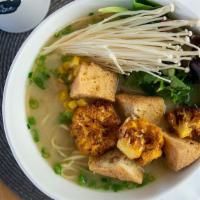 Vegeterian Ramen · Special house miso blend. Full-bodied miso broth, fresh noodles, corn, greens, fried tofu an...