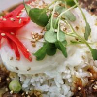 Japanese Keema Curry · Beef, House Curry, Rice, Potato, Carrots, Cremini Mushrooms, Poached Egg, Fukujinzuke, Sesam...