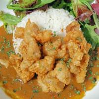 Karaage Curry · Chicken Karaage, House Curry Sauce, Rice, Seasonal Salad