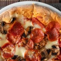 Mushroom, Pepperoni, Sausage Pizza · Pizza sauce and mozzarella.