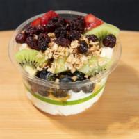 Organic Greek Yogurt Parfait · Organic Greek yogurt, honey, vanilla almond granola, banana, strawberry, blueberry and kiwi.