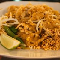 Pad Thai · Gluten-free. Thai favorited rice noodles with egg, bean sprout, green onions, ground peanut.