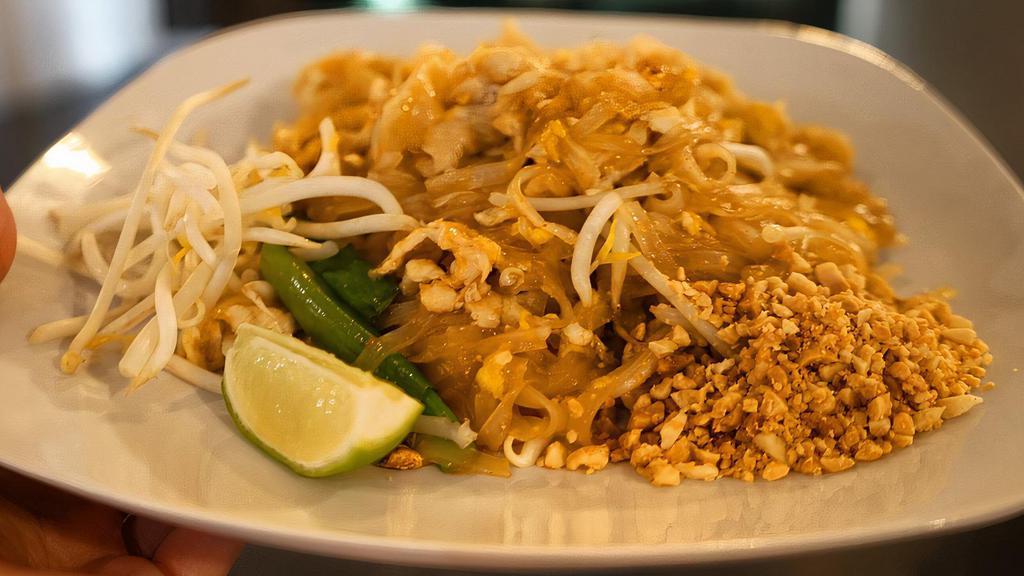 Pad Thai · Gluten-free. Thai favorited rice noodles with egg, bean sprout, green onions, ground peanut.