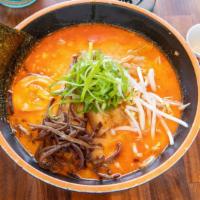 Kara Miso Ramen · Pork Broth: Pork Chashu, Bean Sprout, Bamboo Shoot, Kikurage Mushroom, Corn, Seasoned Egg, G...