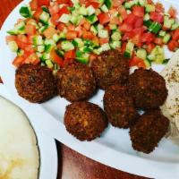 Falafel Plate - Served With Small Side Of French Fries · Six falafel balls, hummus, tahini, Israeli salad, and pita bread.
