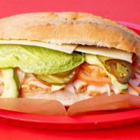 Turkey Sandwiches · Turkey, lettuce, tomatoes, onions, pickle, avocado, jalapeno, mayonnaise, mustard, and ranch.