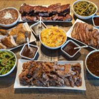 Don'T Bring Nuthin' (14-16 People) · Your choice of four meats (2 lbs each), your choice of four XL sides (32oz each), and 16 din...