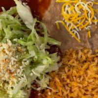 2 Enchiladas · 2 Enchiladas lettuce &Cheese ,Chicken,Ground Beef or Cheese, Shredded Beef. Rice & Beans.