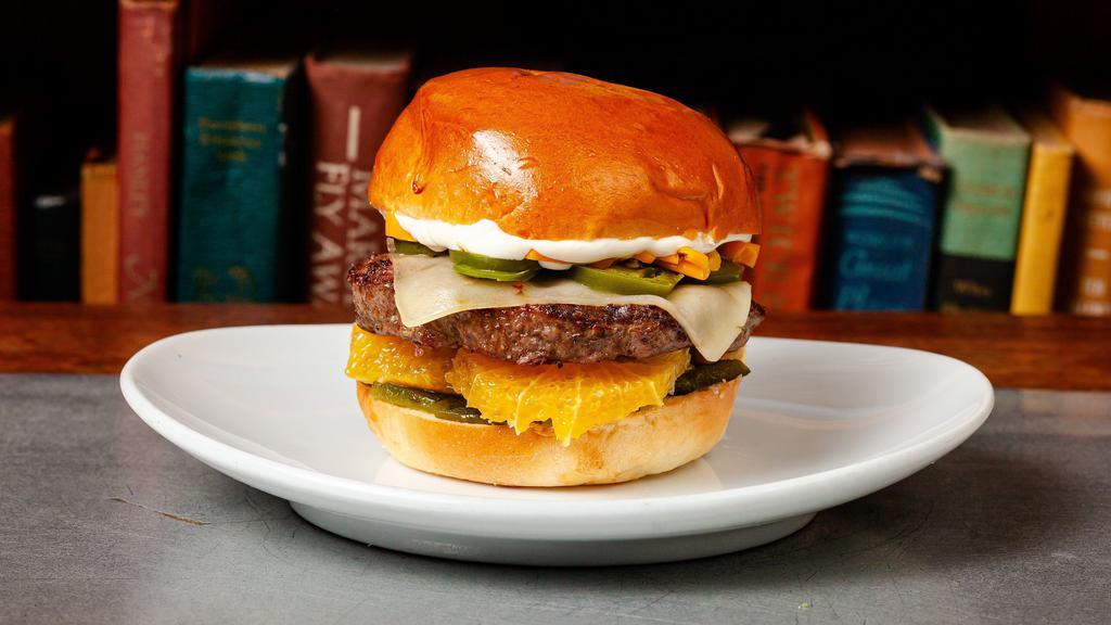 H(Ell) Burger · Angus beef patty, pepper jack cheese, orange, jalapeno, habanero aioli