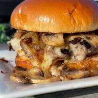 Goomy Burger · Our Famous 1/2 lb. Atlas Burger topped with Swiss, grilled mushrooms, grilled onion, and hou...