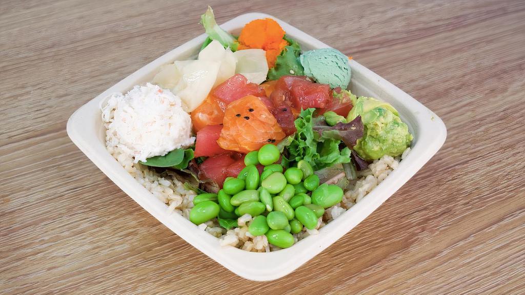 Large Poke Bowl · Includes 4 scoops of protein. Pick your own base, proteins, sauces and toppings.
