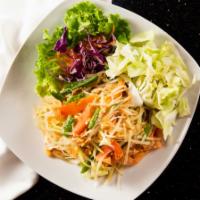 Papaya Salad (Som Tom)(Gf) · Gluten-free. The very popular North-Eastern salad Thai country style with shredded green pap...