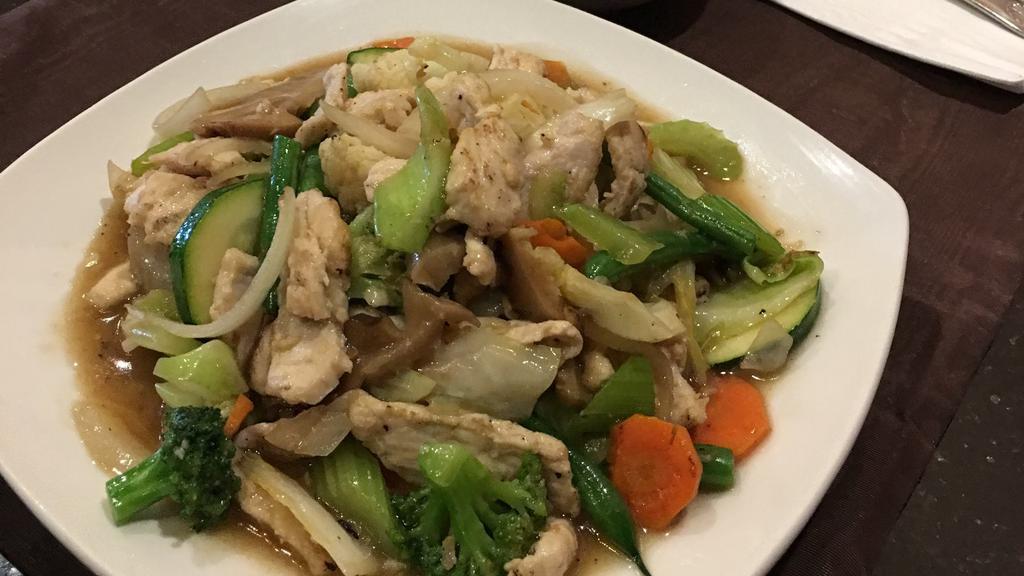 Mixed Vegetables (Gf) · ​Stir-fried fresh garlic with Napa cabbage, carrot, green bean, celery, cabbage, broccoli, shiitake mushroom, zucchini, cauliflower, and onion with oyster sauce or vegetarian mushroom sauce.