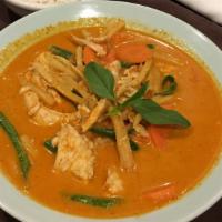 Red Curry Lunch Special · Red curry paste in rich coconut milk with bamboo shoot, green bean, carrot and Thai basil. S...
