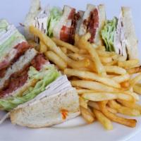 Turkey Club Sandwich · Triple decker sandwich with bacon, lettuce, tomato, and mayonnaise served on toasted sourdou...